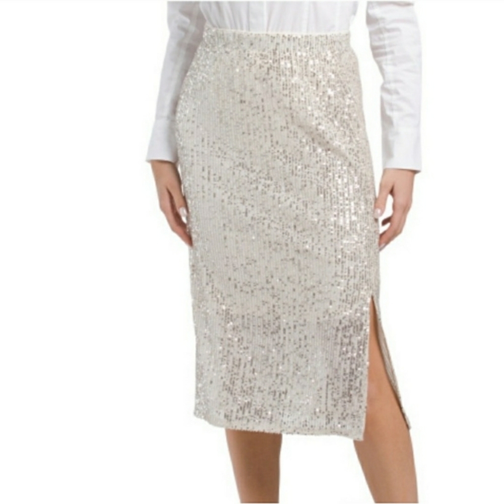 Cece Sequin Leg Slit Midi Skirt Silver Cream Champagne Size Large NWT